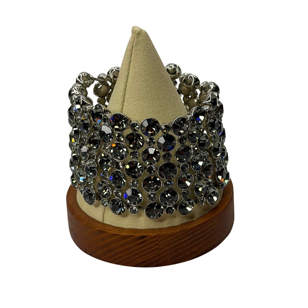 Smoke Gray Crystal Wide‎ Stretch Cuff Statement Bracelet Silver Tone Rhinestone - Picture 3 of 5